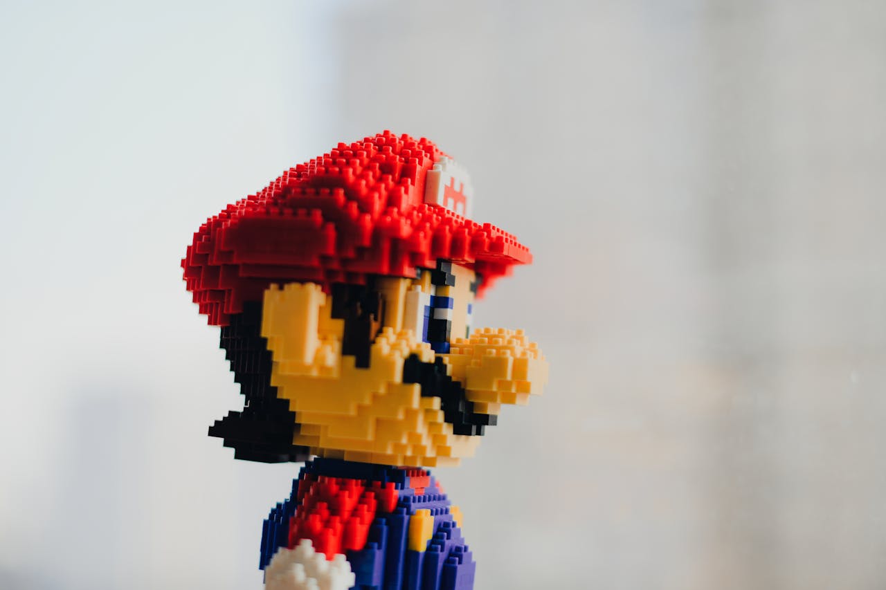 programs-01 A detailed close-up of a pixelated toy block figure capturing a popular game character.