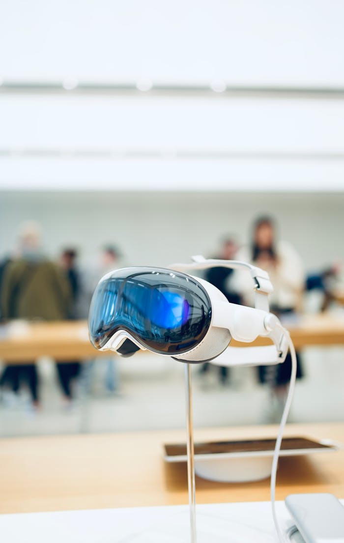 hero-gallery-04 A cutting-edge VR headset showcased in a modern tech store with blurred people in the background.